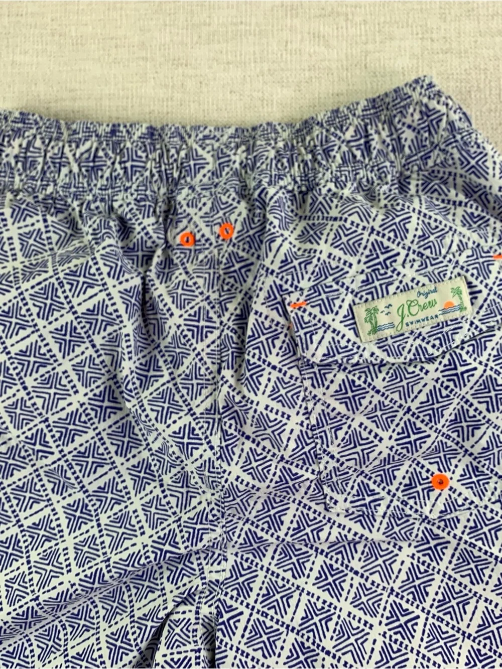Crewcuts Blue Geometric Swim Trunks with Coral Drawstring